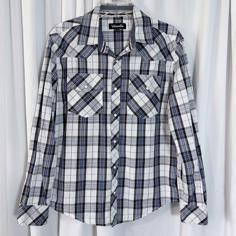 Venzulia Western Pearl Snap Plaid Button Up Shirt
